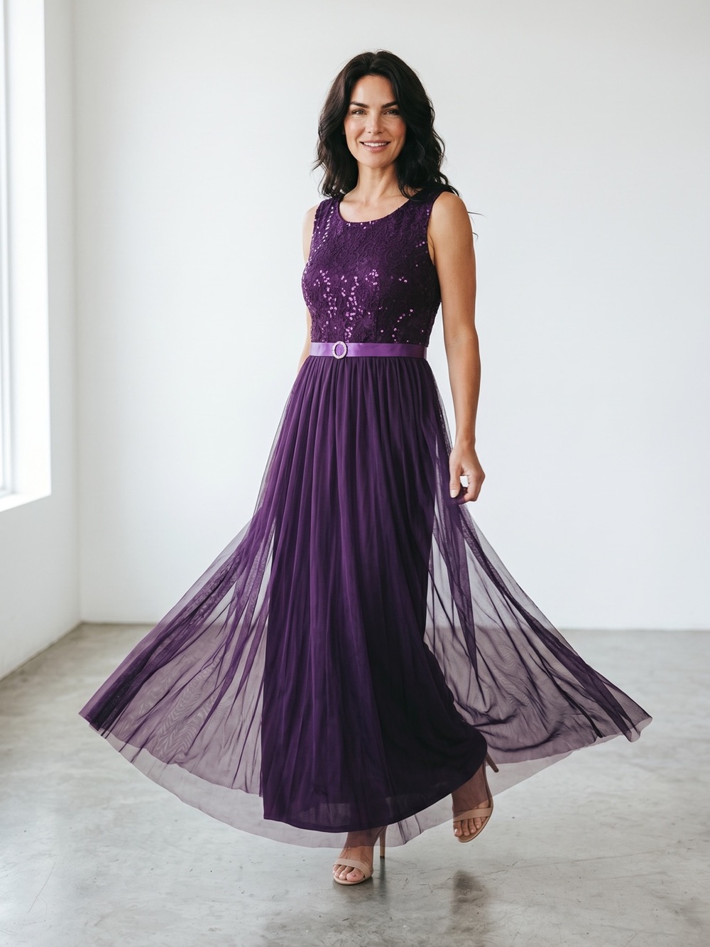 Sequin Bodice Purple Maxi Dress Satin Belt and lace prom wedding graduation 1X